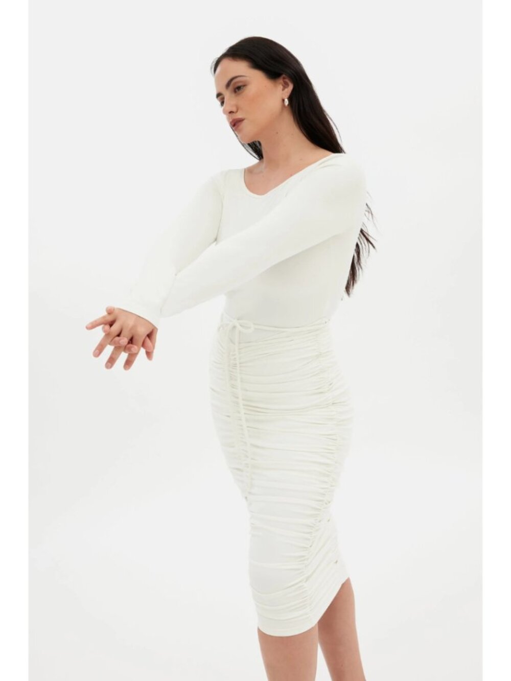 Girlfriend Collective Ivory Andi Ruched Midi Dress NWT Size Medium Bodycon